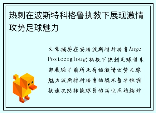 热刺在波斯特科格鲁执教下展现激情攻势足球魅力